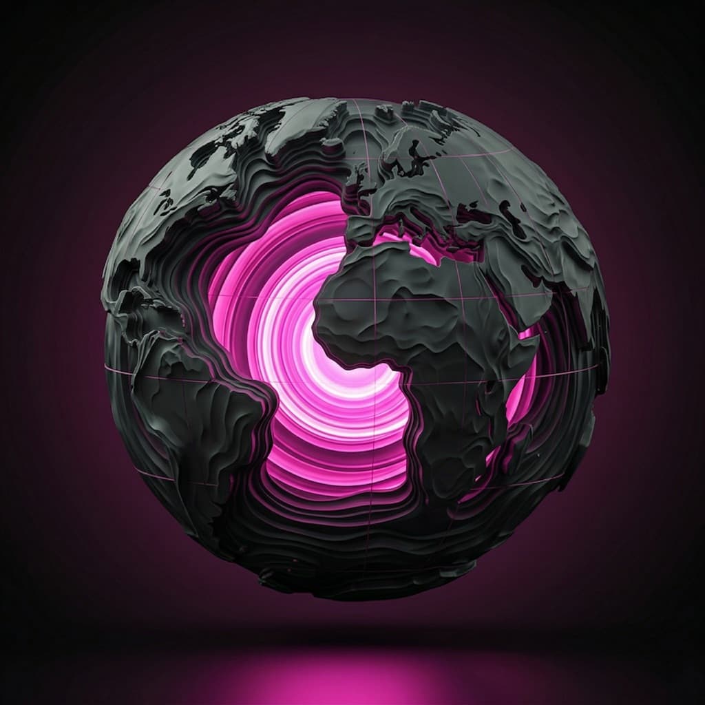 Dark 3D globe wrapped in concentric rings of light